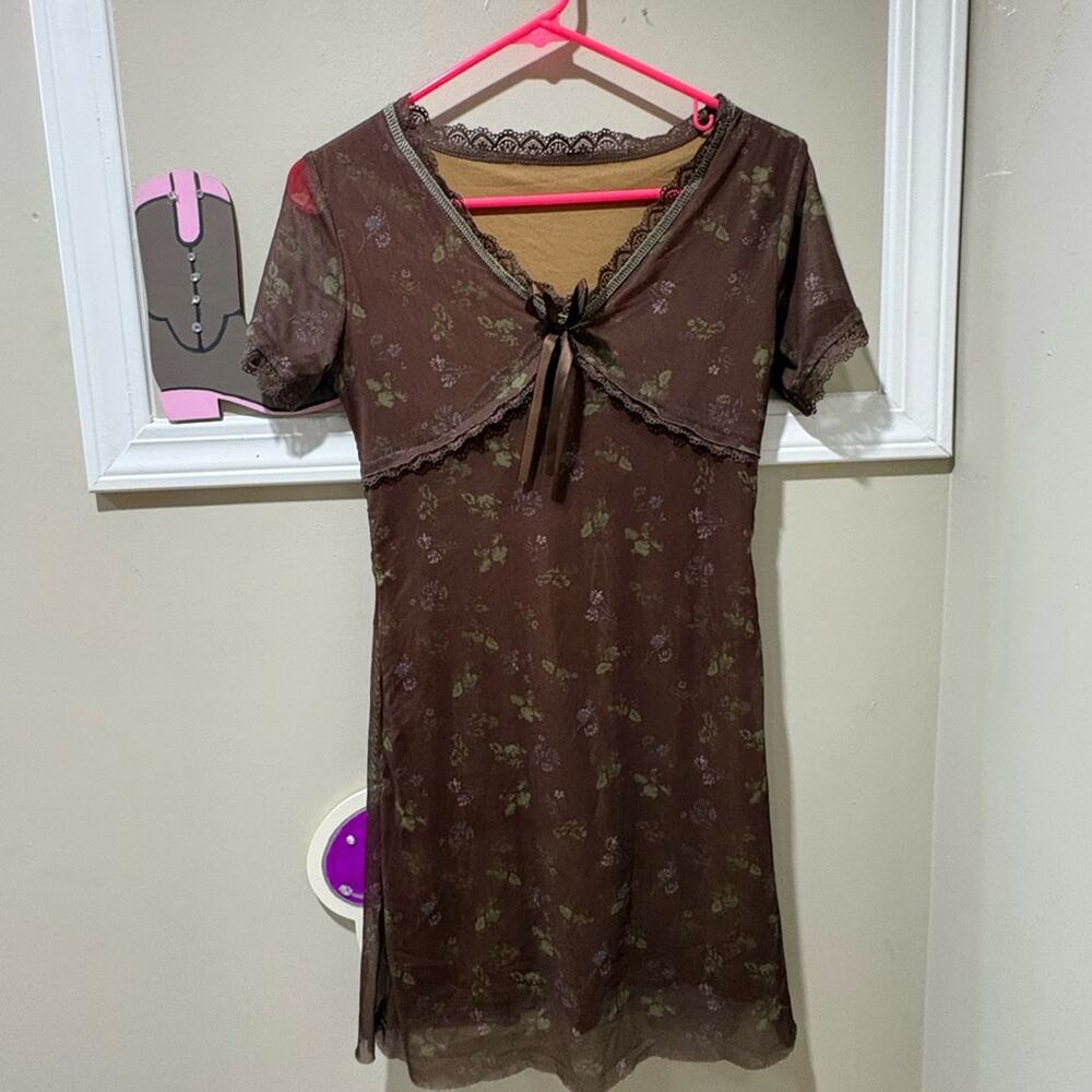 Floral Mesh Mini Dress Brown Cottagecore Fairycore Partycore Lace Trim